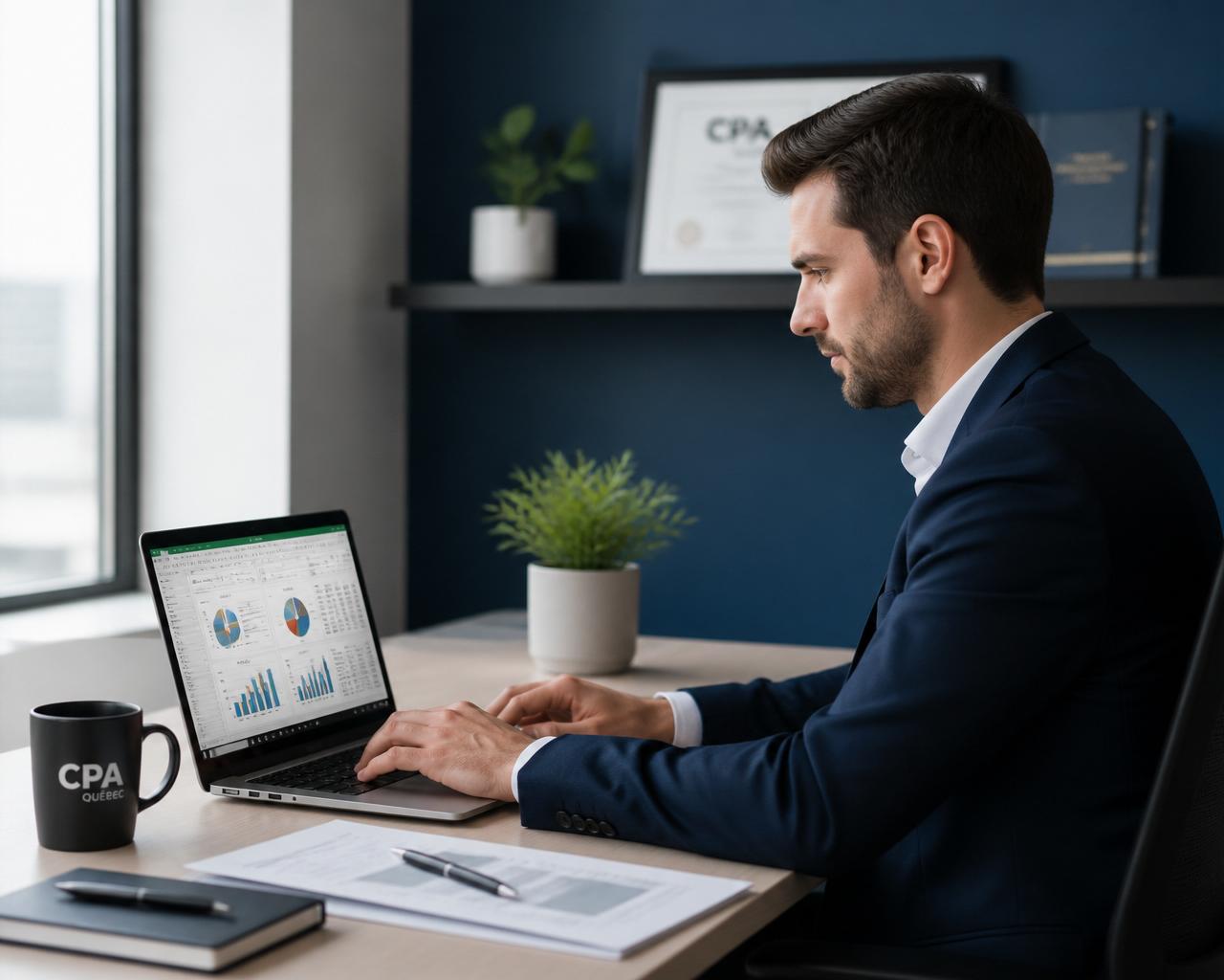 Comptable CPA québécois au travail sur son ordinateur